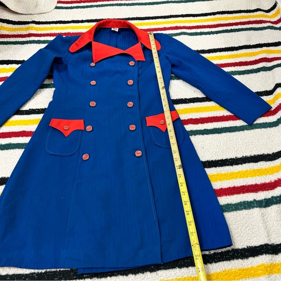 Vintage 60s/70s blue and red mini dress double breasted buttons with collar - Picture 4 of 11
